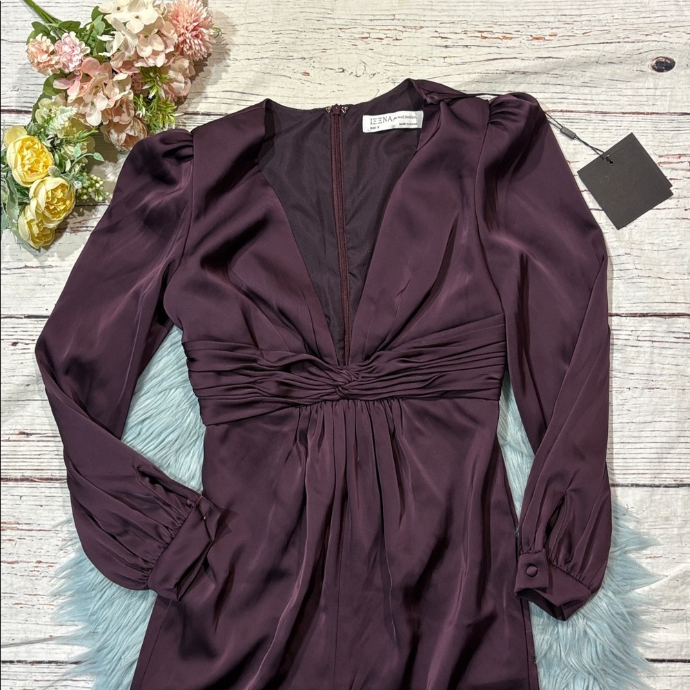 NWT Ieena for Mac Duggal Long Sleeve Ruched Plunging-Neck Jumpsuit Plum - Picture 5 of 10